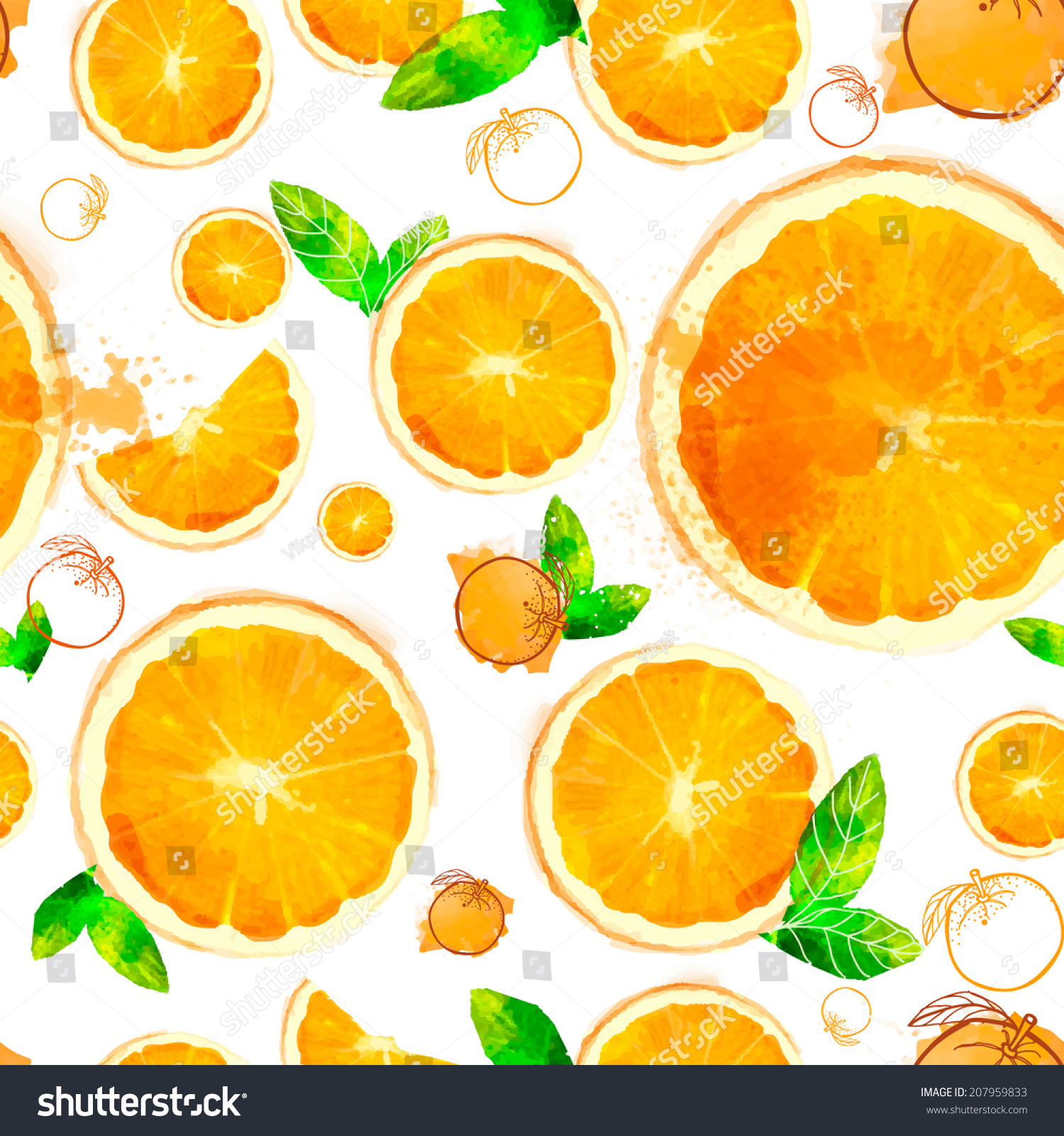 Orange vector seamless patterns of sliced ??fruit and leaves painted with watercolors on white background. 