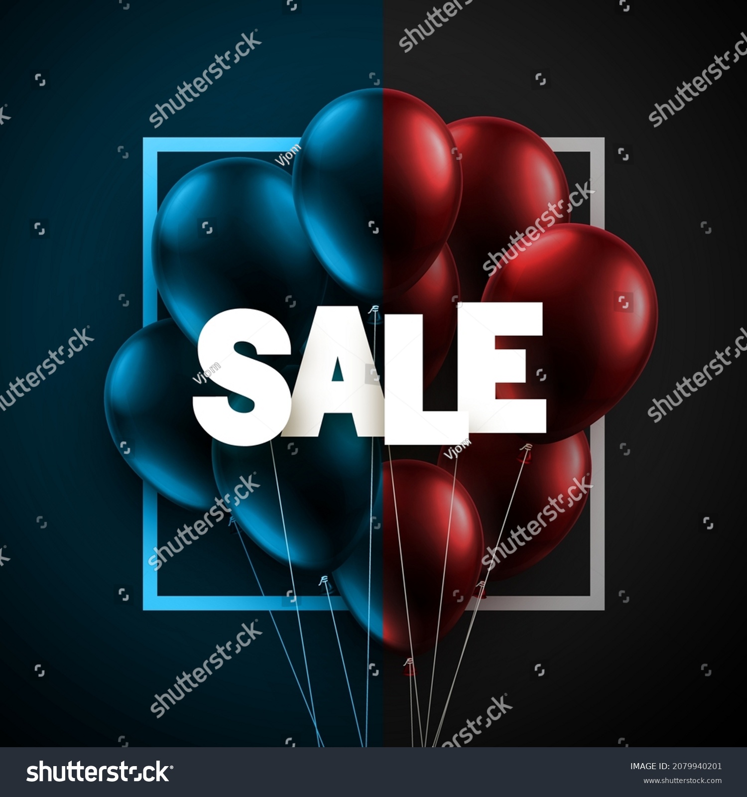 red and blue balloons with white sale sign. square frame