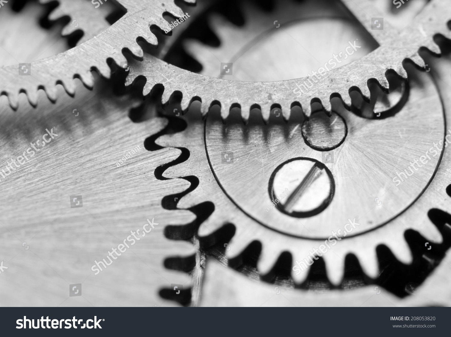 Black white background with metal cogwheels a clockwork. Macro 