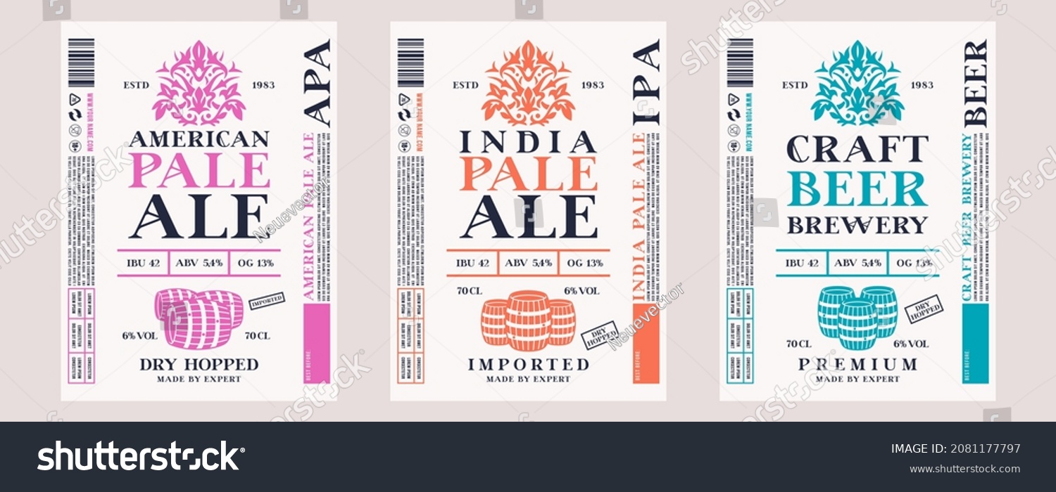 Set of template decorative label for craft beer. American and India pale ale flavor. Floral ornament in retro style. Vector illustration. Color print on white border