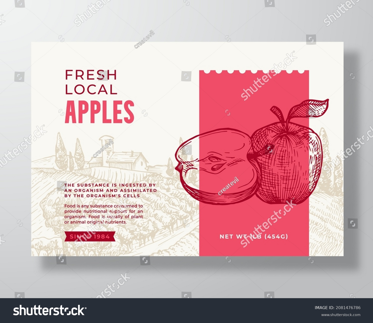 Fresh Local Apples Food Label Template. Abstract Vector Packaging Design Layout. Modern Typography Banner with Hand Drawn Fruit and Rural Landscape Background. Isolated.
