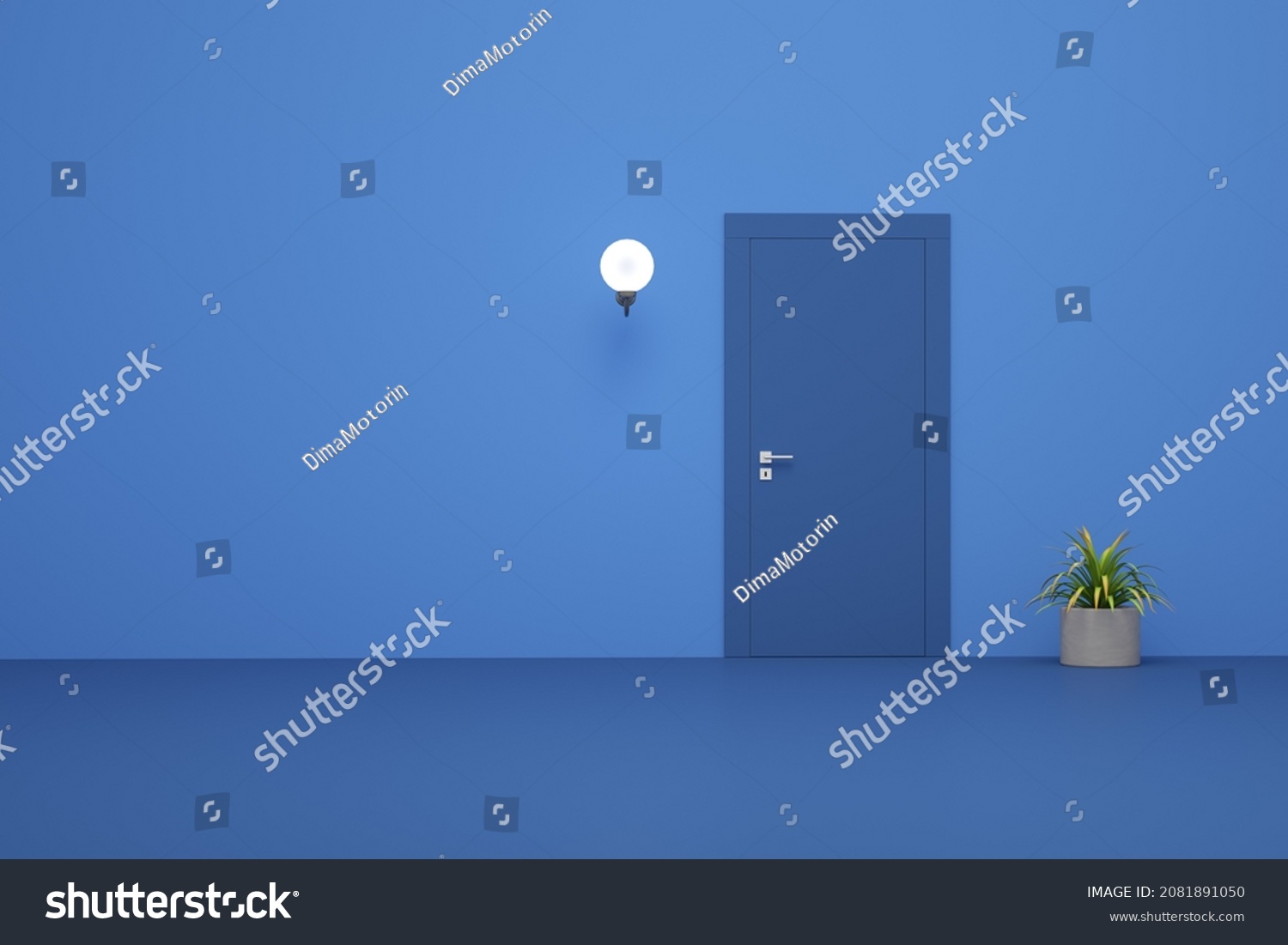 3D illustration blue room with door