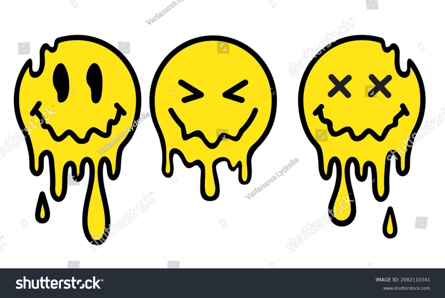 Funny melt smile faces set collection. Melted smile faces in trippy acid rave style isolated on white. Psychedelic quirky cartoon face. Urban graffiti style vector design element