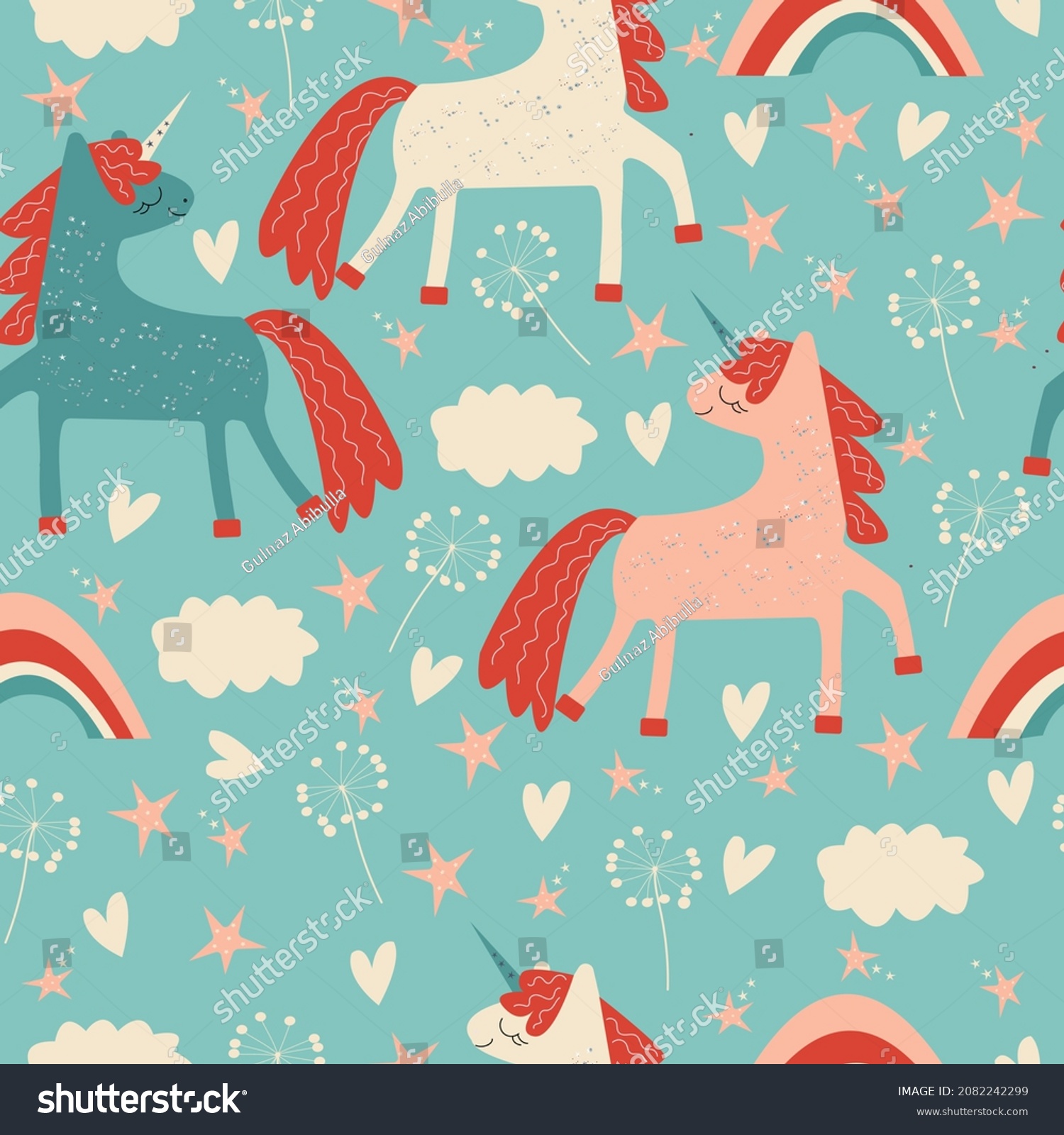 Childish seamless pattern of cute unicorns clouds rainbows and other ...