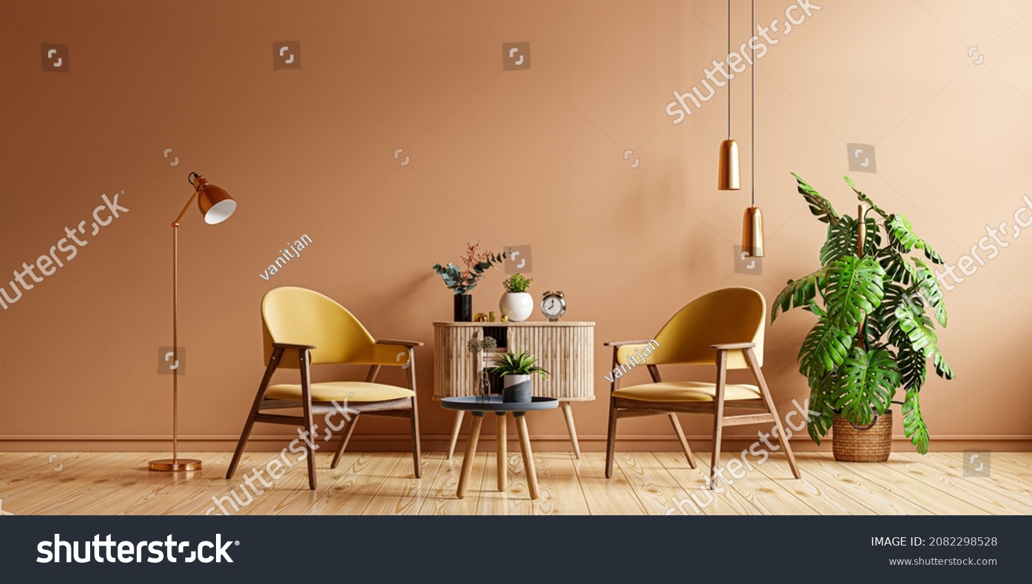 Home interior with two armchair and decor in brown color living room 3D rendering