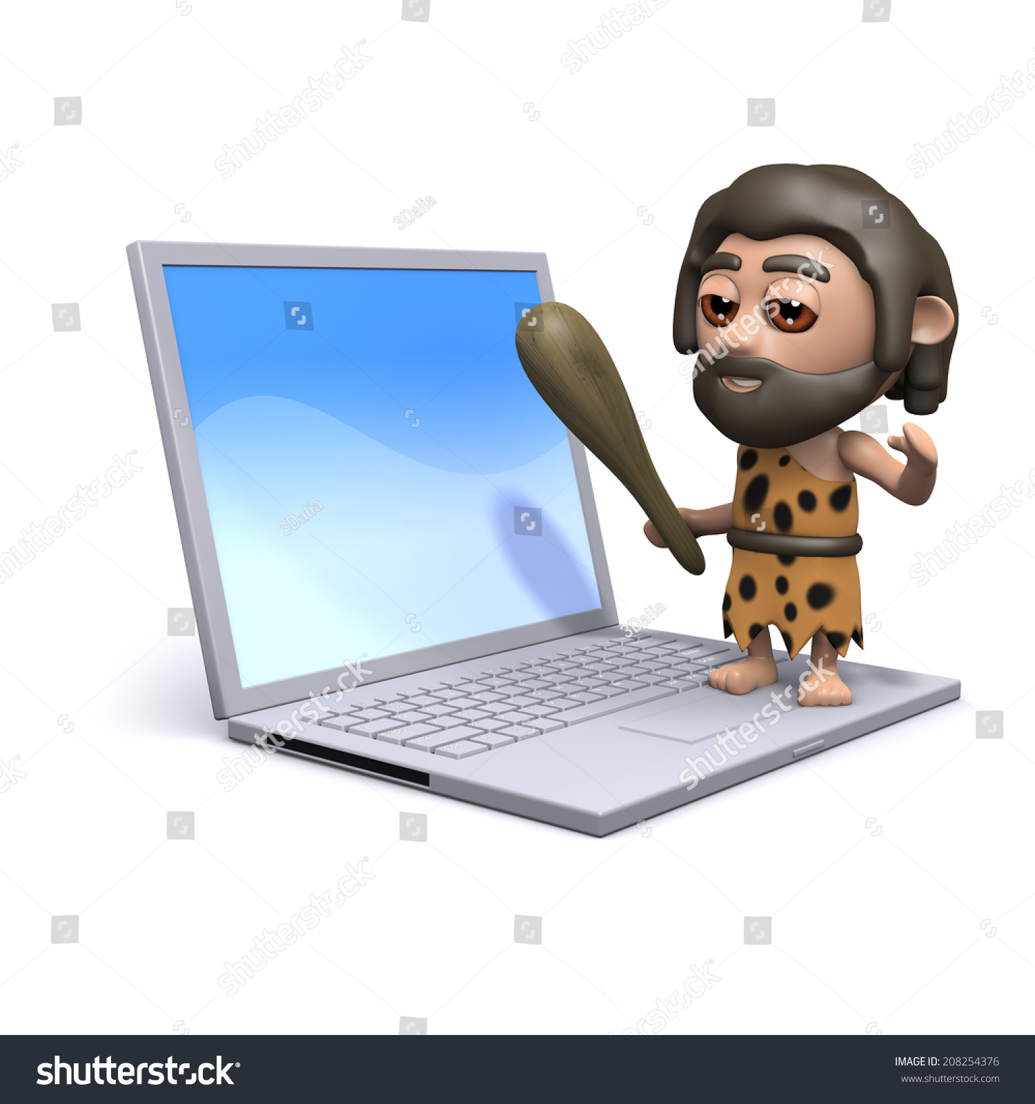3d render of a caveman standing on a laptop pc