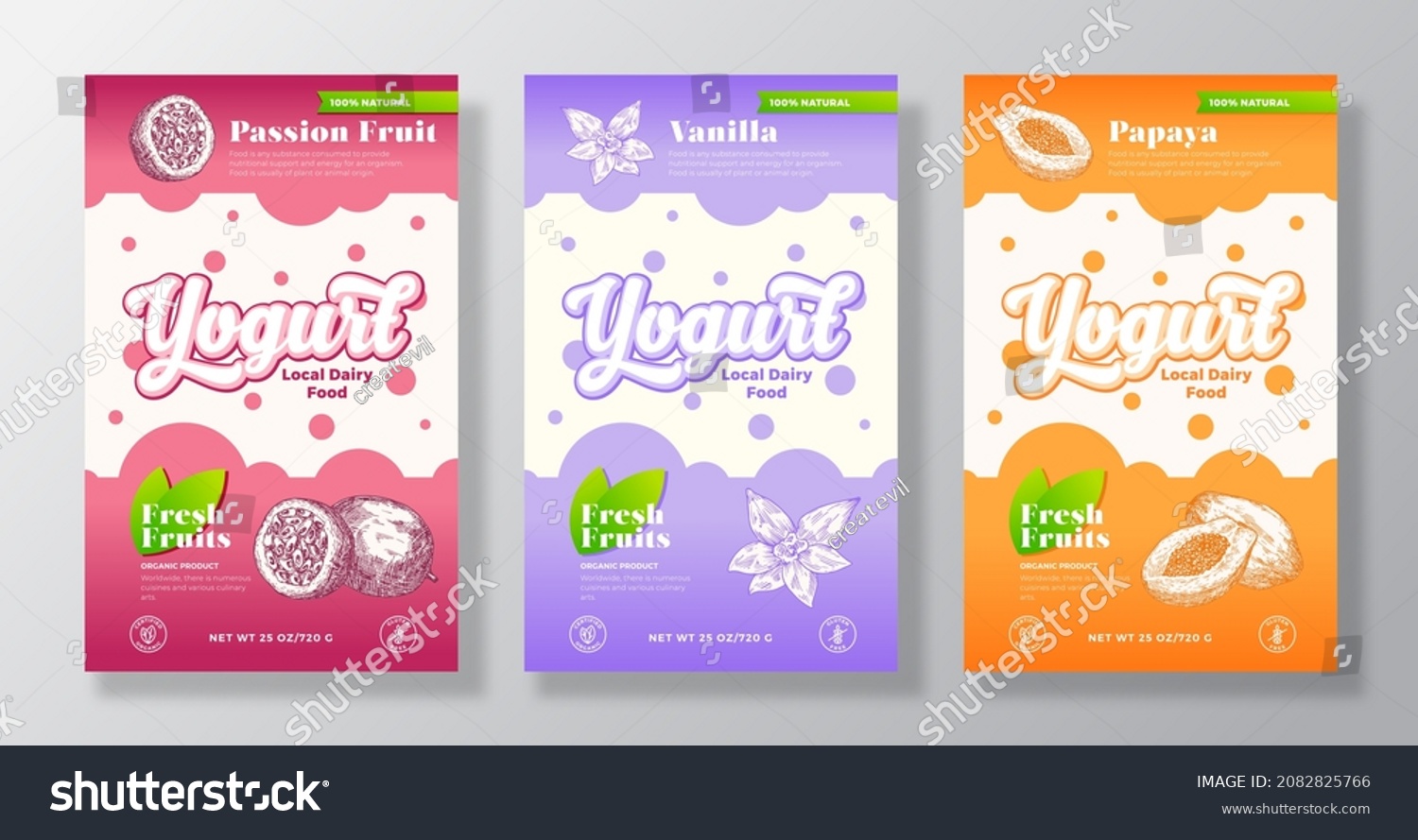 Fruits and Berries Yogurt Label Templates Set. Abstract Vector Dairy Packaging Design Layouts Collection. Modern Banner with Hand Drawn Maracuja  Papaya and Vanilla Sketches Background. Isolated.