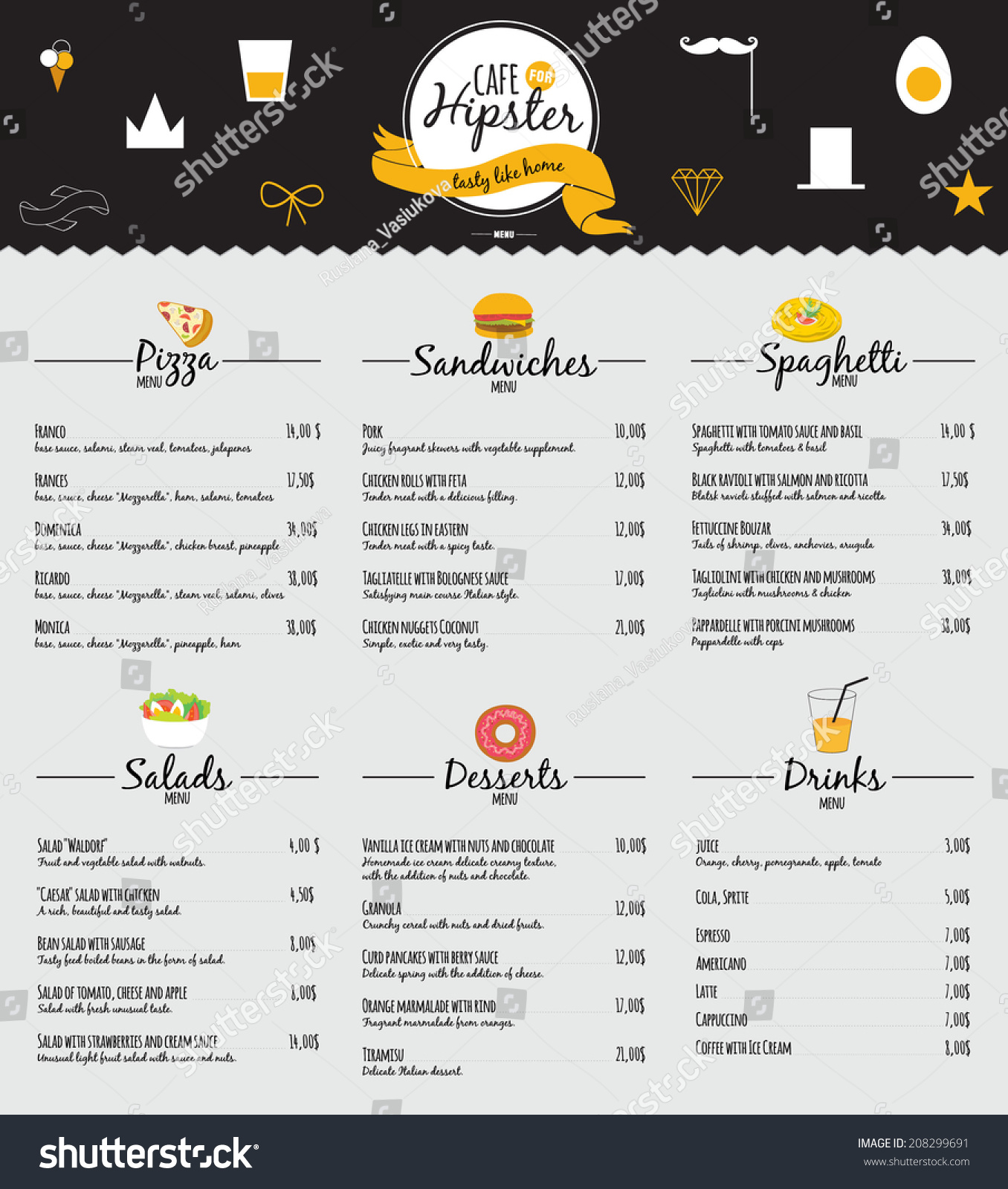Big set of restaurant and cafe menu design  template design in vector. Cooking frames  labels and graphic elements in hipster style design. Vintage-styled illustration. Fast Food.