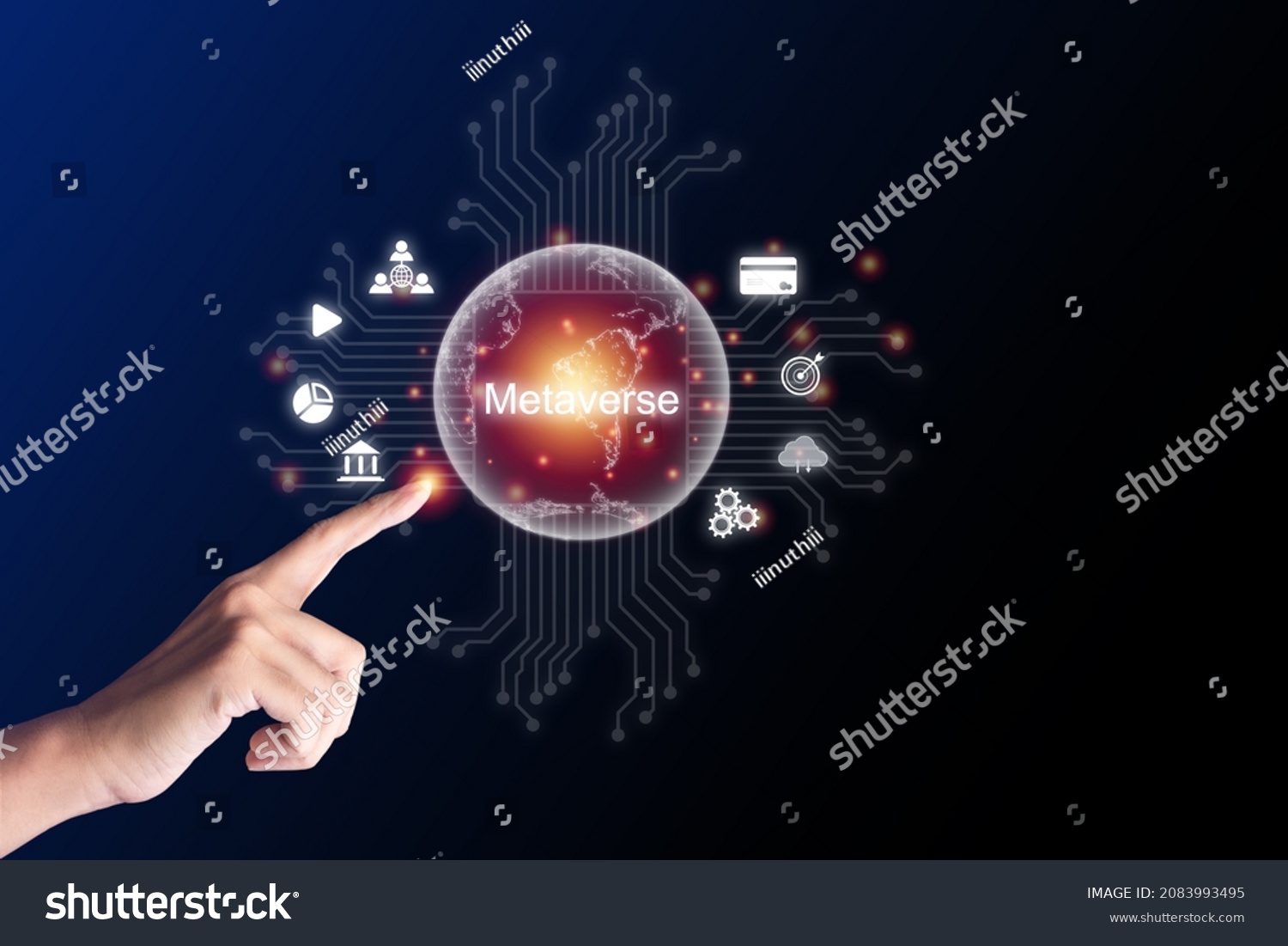 Human finger pointing to the earth with metaverse business technology concepts online transactions big data discovery cloud computing management