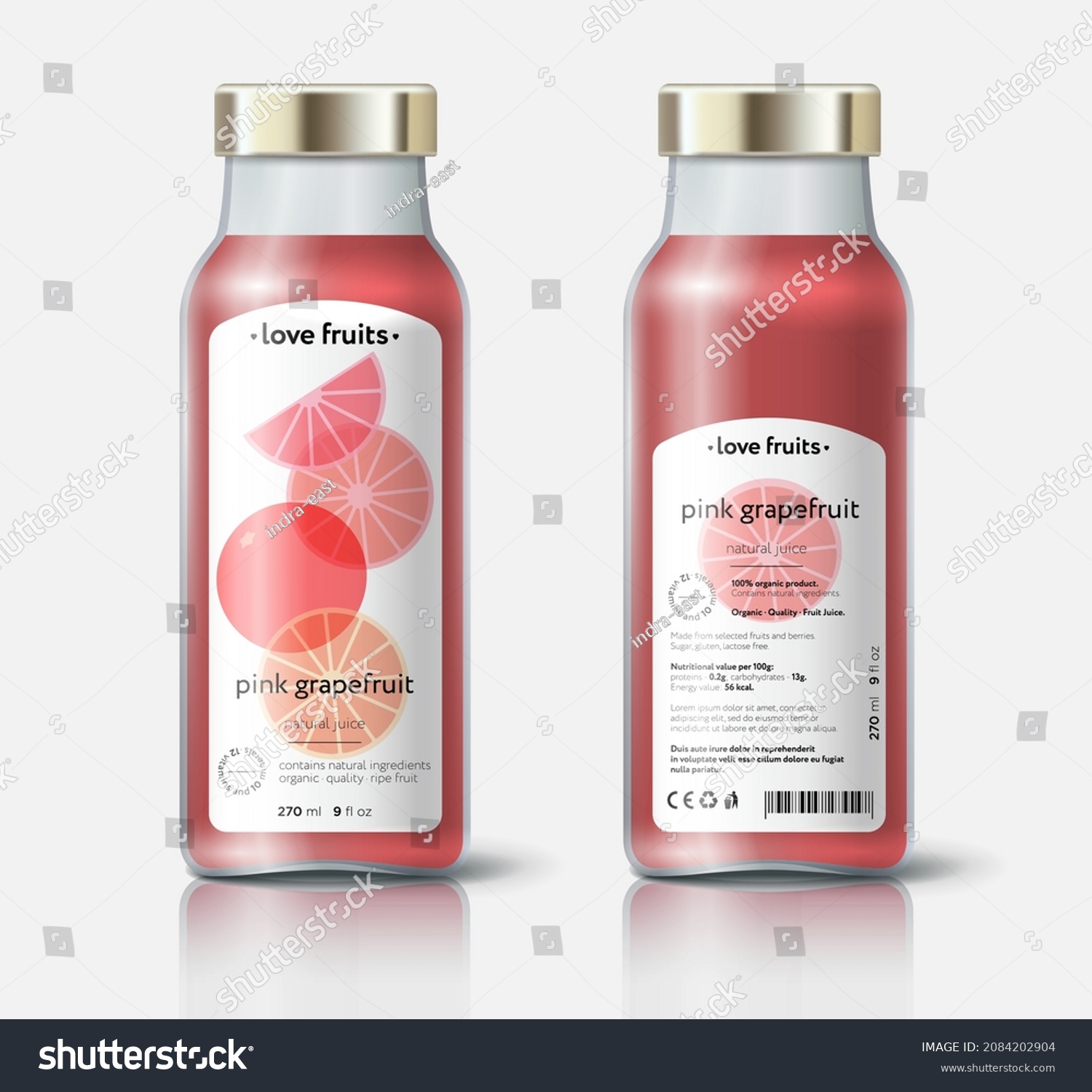 Grapefruit juice packaging. Beautiful transparency whole and cut fruits. Bottle template with face and back labels. 