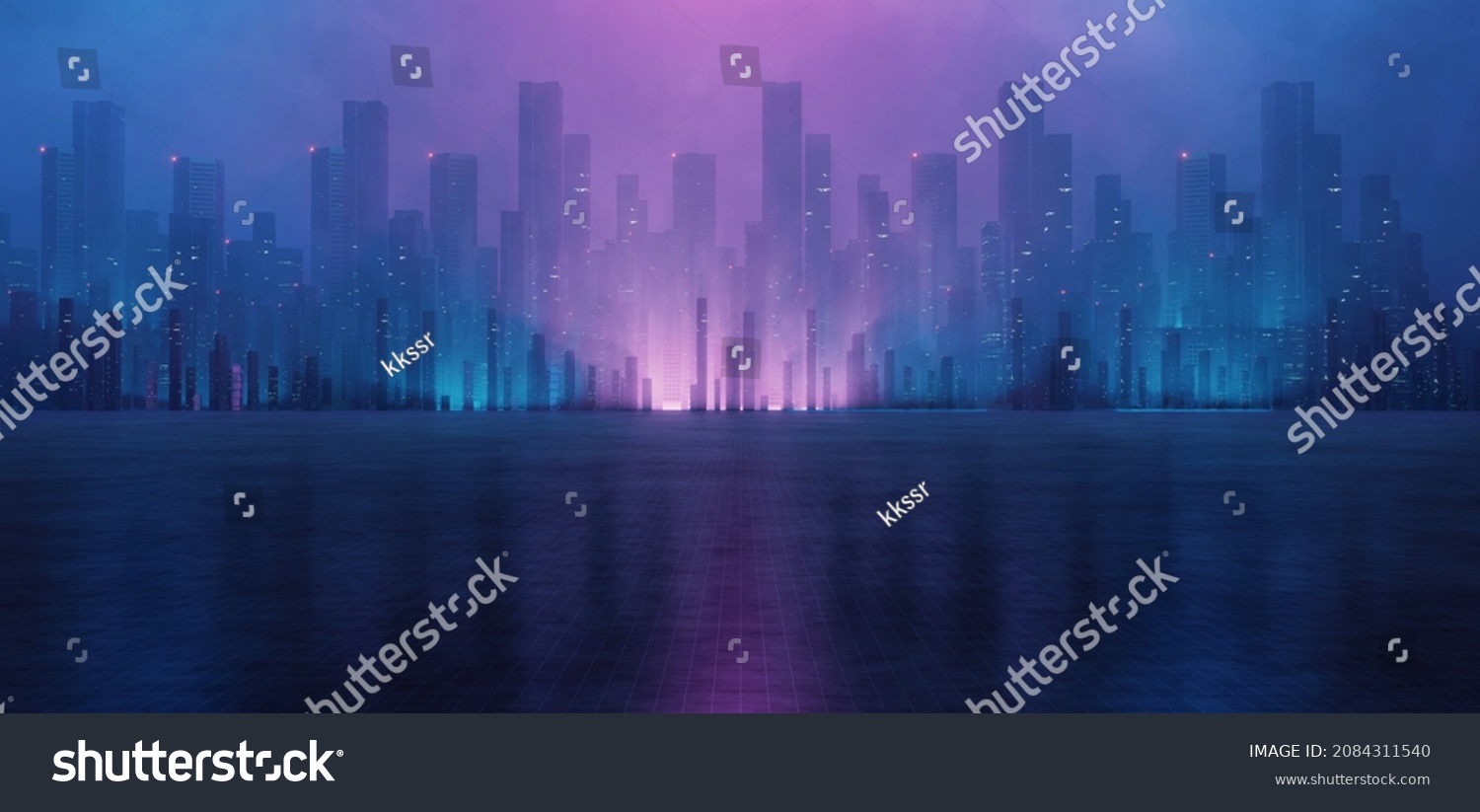 3D渲染霓虹灯大城市 从街道上的水坑朝着建筑物的水坑进行了光反射。夜生活概念 商业区中心（CBD）网络朋克主题 技术背景