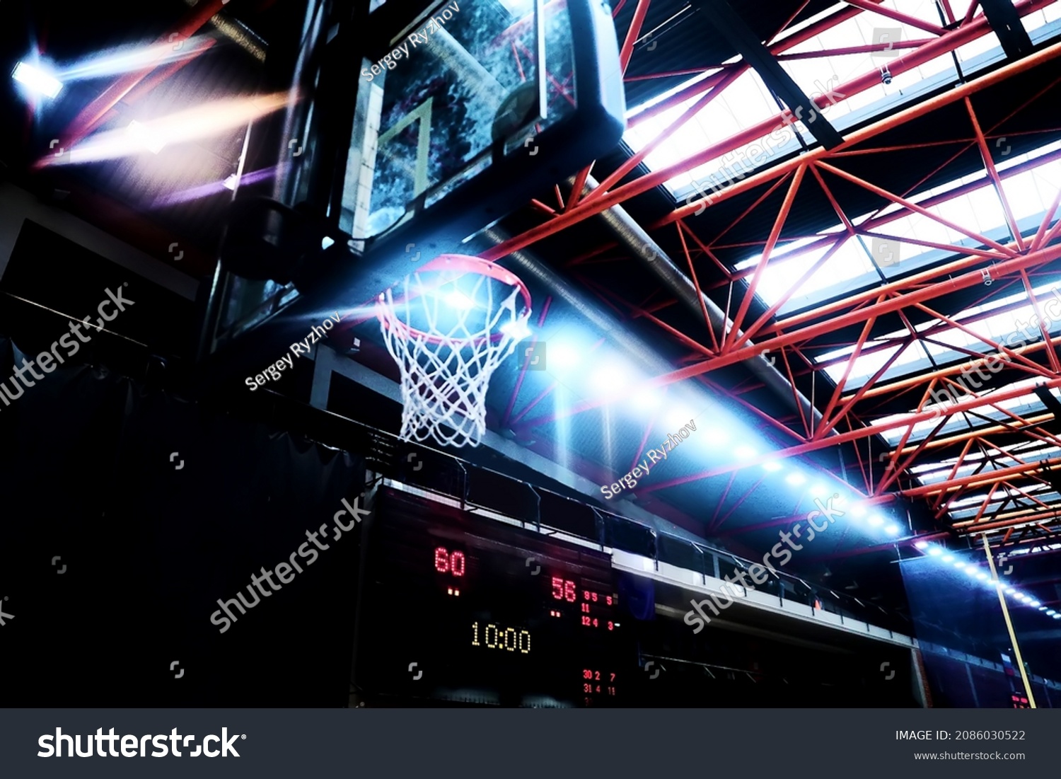 Basketball theme with basket  scoreboard and sport hall lights