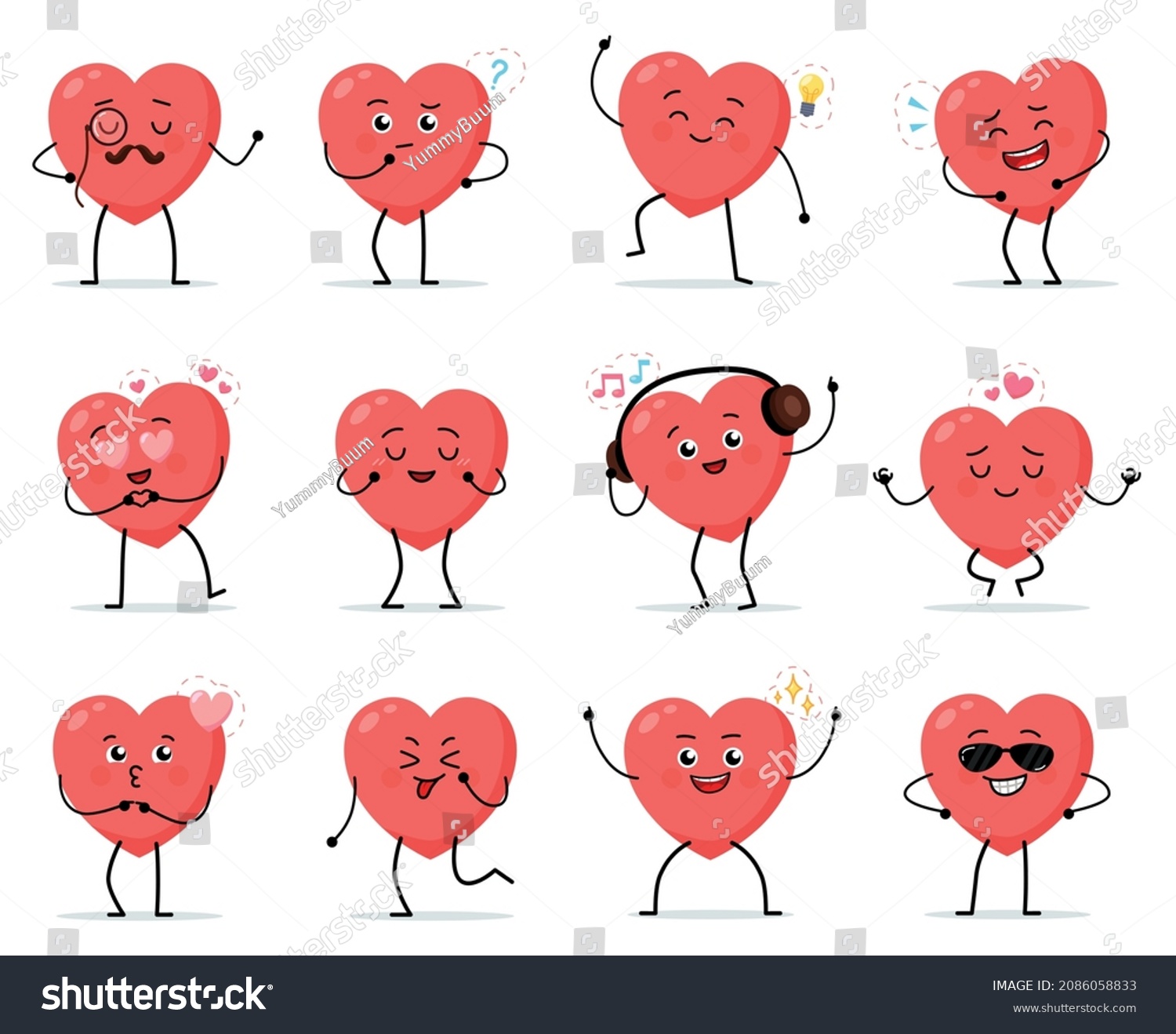 Cartoon heart character. Cute love symbols with faces different poses  hands and feet  february romantic holiday signs  funny positive emotions  internet emoji stickers emoticon vector set