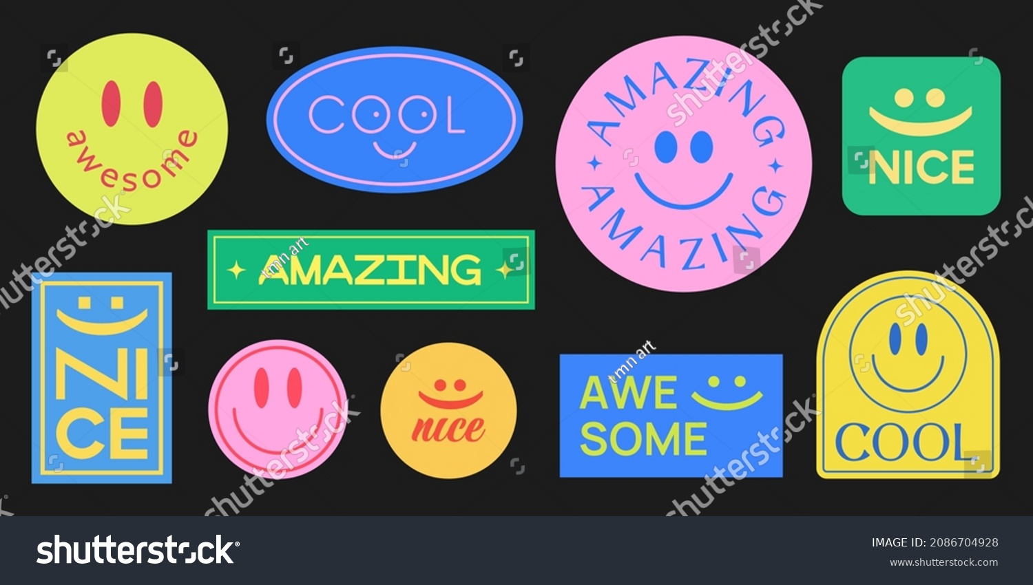 Set Of Smile Stickers Vector Design. Cool Trendy Patches Background. Hipster Badges.