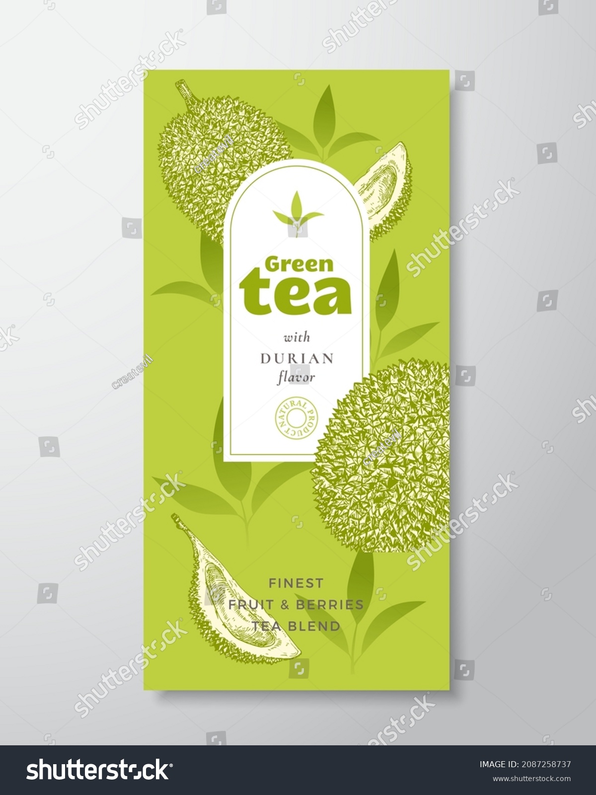 Fruit and Berries Tea Label Template. Abstract Vector Packaging Design Layout with Realistic Shadows. Hand Drawn Durian Fruit and Tea Leaves Decor Silhouettes Background. Isolated