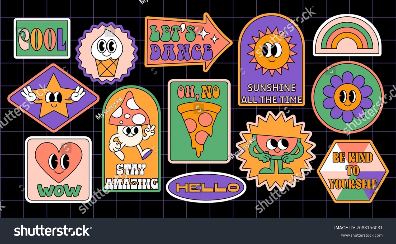 Fun groovy retro clipart elements set. 70s  80s  90s cartoon style. Patches  pins  stamps  stickers templates. Funny cute comic characters. Abstract trendy  vintage  nostalgic aesthetic background