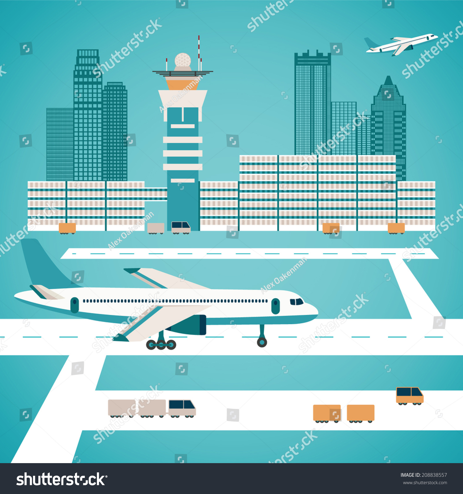 Vector airport concept with aircraft luggage transporter buildings and runway