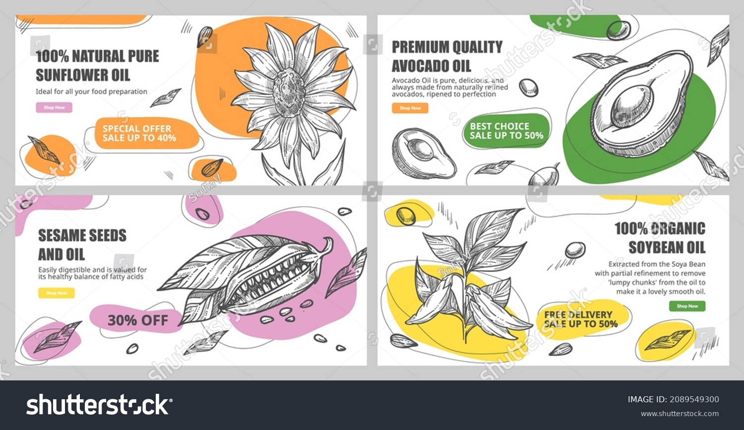 Premium quality oil  web page vector illustration. Flat hand drawn organic seed ingredient for production. Landing banner collection with sunflower  avocado product  sesame and soybean