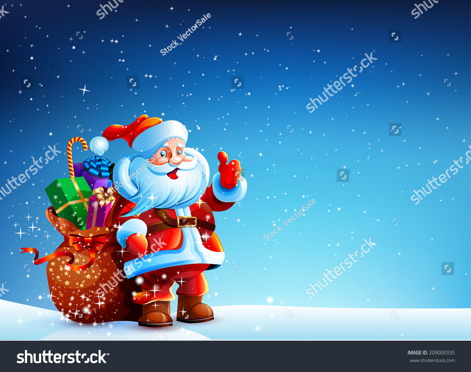 Santa Claus standing in the snow with a bag of gifts and showing thumb up. 