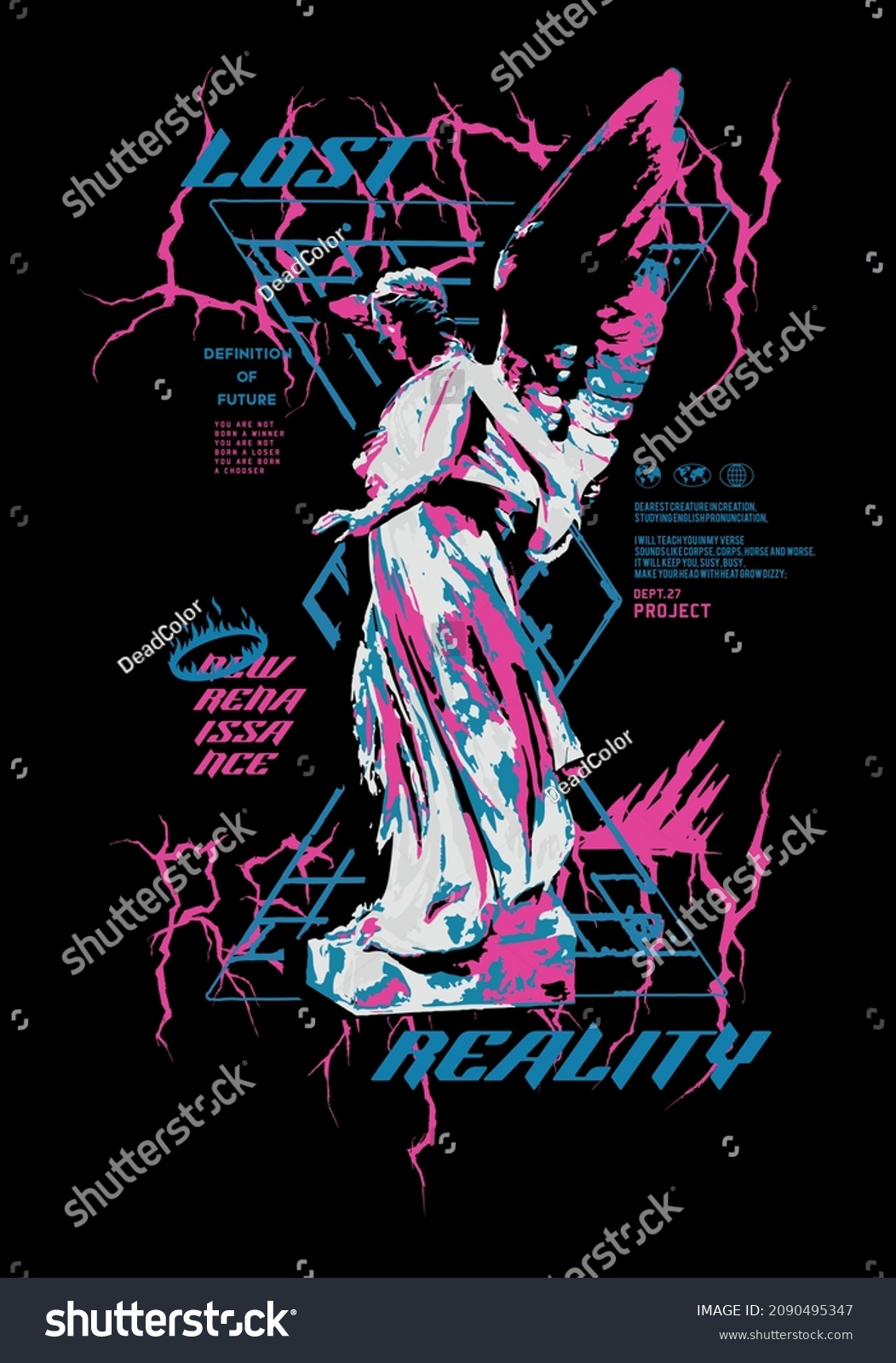 Lost Reality text with angel statue for t-shirt graphics  banner  fashion prints  slogan tees  stickers  flyer  posters and other creative use
