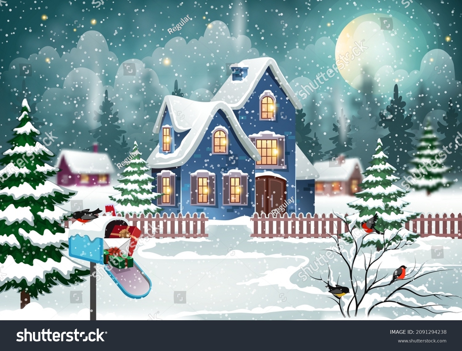 Winter Christmas landscape with village houses covered with snow in a pine forest and bullfinches on a branch