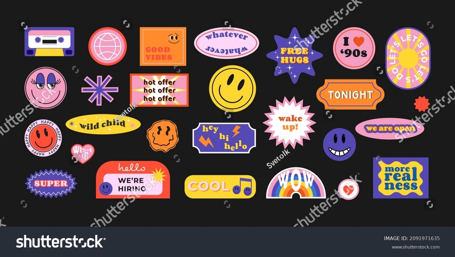 Cool trendy retro stickers with smile faces  cartoon comic label patches. Funky  hipster retrowave stickers in geometric shapes. Vector illustration of y2k   90s graphic design badges.