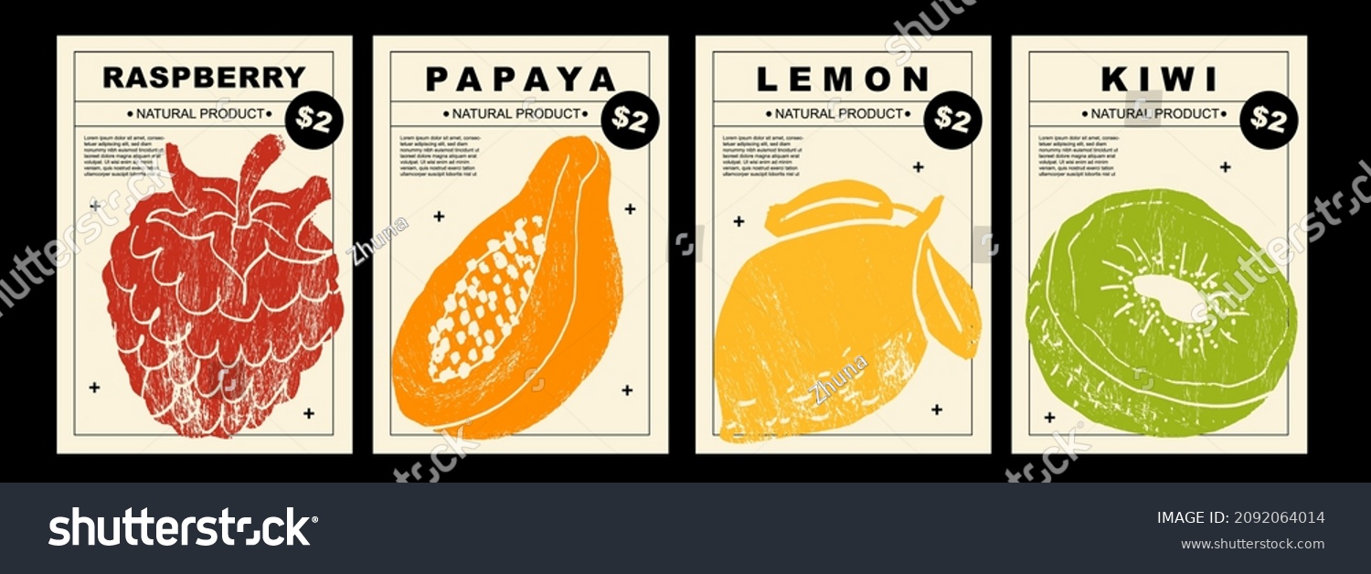 Strawberry  papaya  lemon  kiwi. Set of posters of fruits and berries in a abstract draw design. Label or poster  price tag. Simple  flat design. Patterns and backgrounds. For poster  cover  banner.