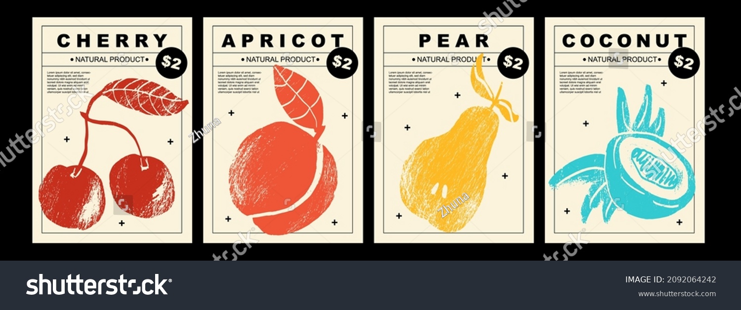 Cherry  apricot  pear  coconut. Set of posters of fruits and berries in a abstract draw design. Label or poster  price tag. Simple  flat design. Patterns and backgrounds. For poster  cover  banner.
