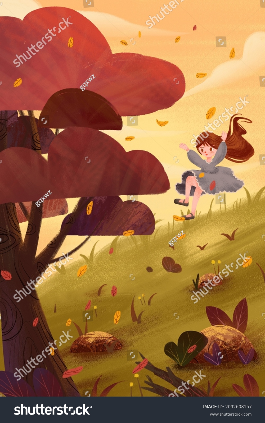 Illustration autumn scenery falling leaves Computer Drawing Chalk Drawings