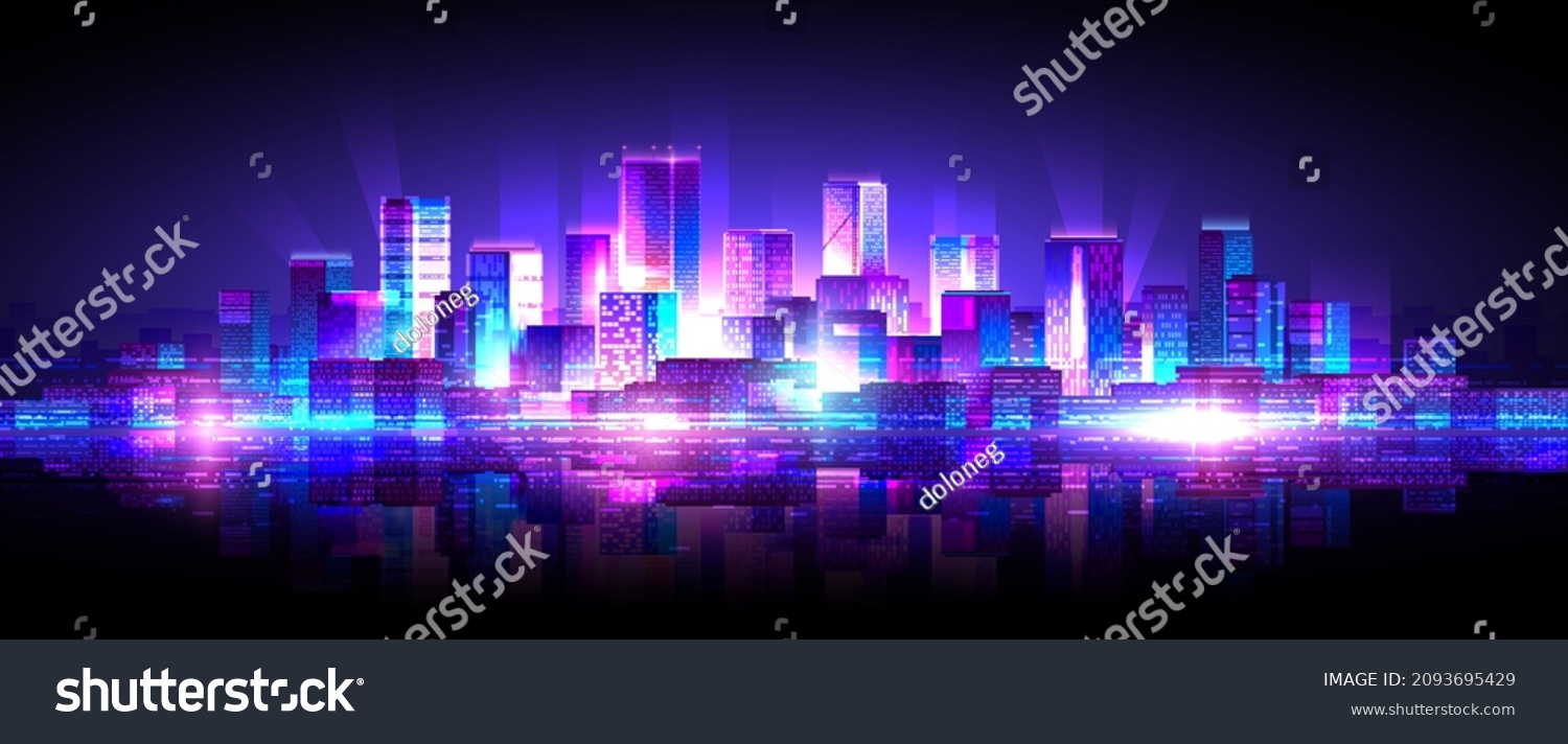 Colorful neon metropolis landscape. Horizontal widescreen illustration of night city.