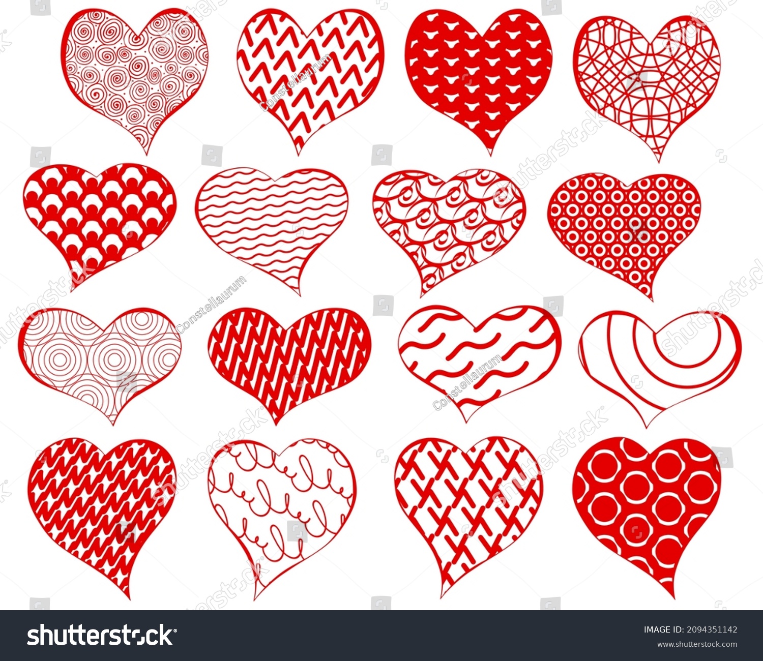 Zen art hearts doodle collection isolated on white background. Saint valentine's day pretty bright red and white template. Trendy set of fill-in heart shapes with various patterns and ornaments.