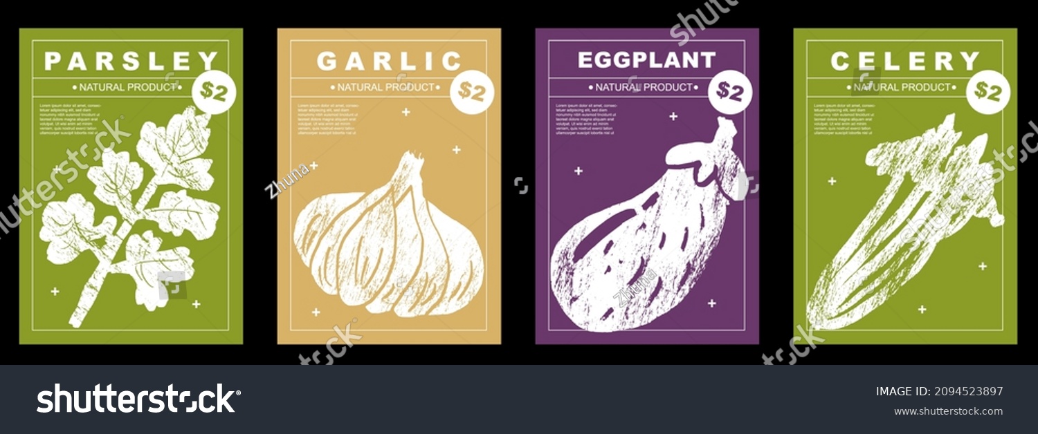 Parsley  garlic  eggplant  celery. Set of posters of vegetables in a abstract draw design. Label or poster  price tag. Simple  flat design. Patterns and backgrounds. Perfect for poster  cover  banner.