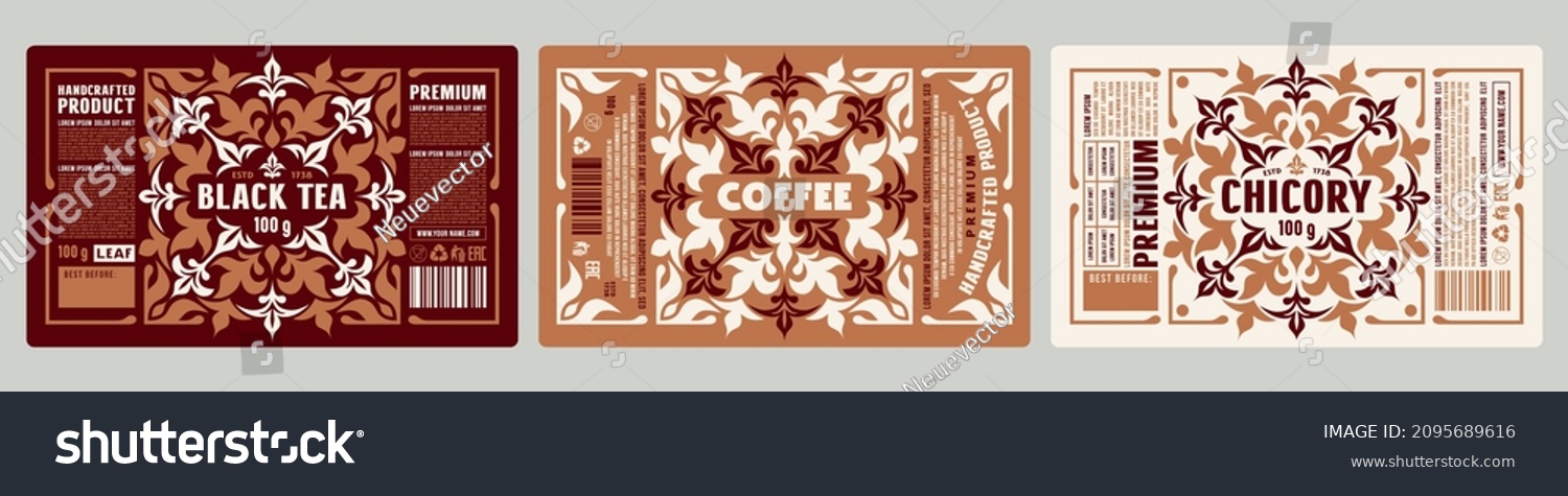 Set of template decorative label for tea  coffee and chicory. Ornament in medieval style. Vector illustration
