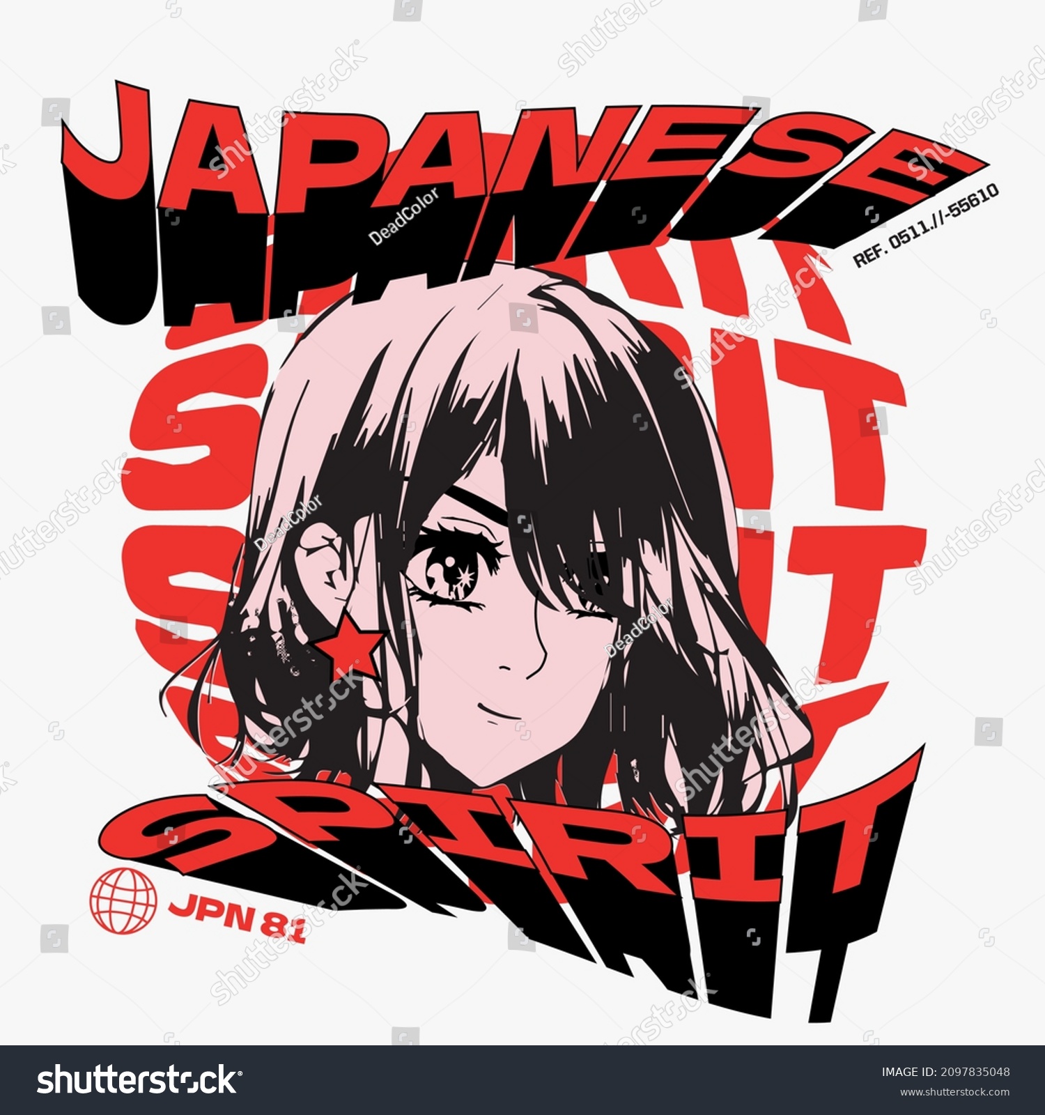 Japanese spirit text slogan print vector design with anime girl illustration for tee and poster