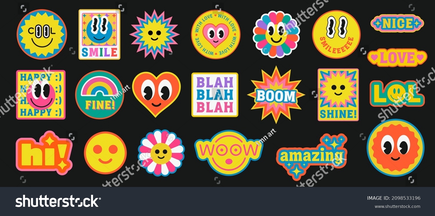 Cool Trendy Retro Smile Positive Stickers Set. Collection of Various Patches with Emoticons and Phrases.