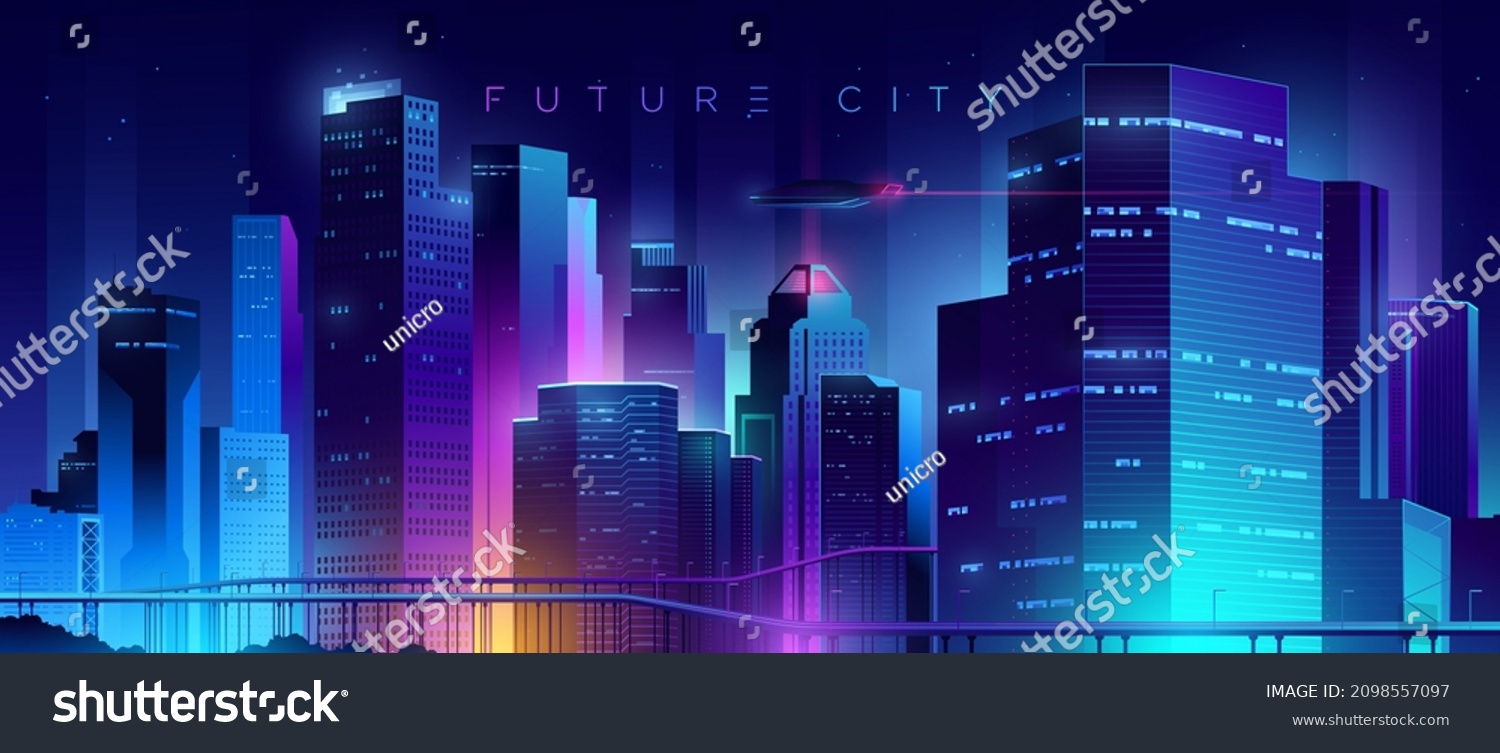 未来派夜城。在五颜六色的背景上 带有明亮而发光的霓虹灯灯的城市景观。宽阔的城市前景视图。赛博朋克和复古波风格的插图。