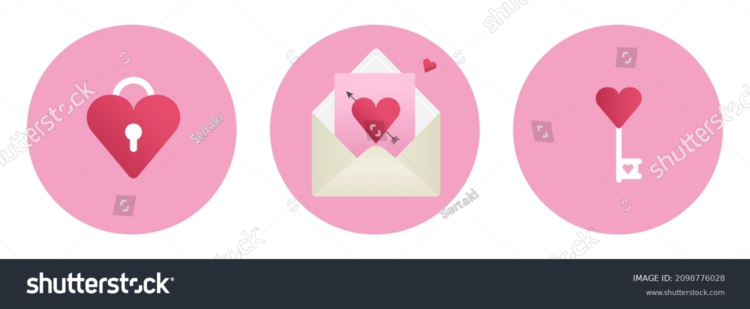 Valentine Day icon set pink color palette. Heart shape lock and key isolated on round pink sticker background. Romantic lovely letter envelope with festive greeting card with heart and arrow vector.