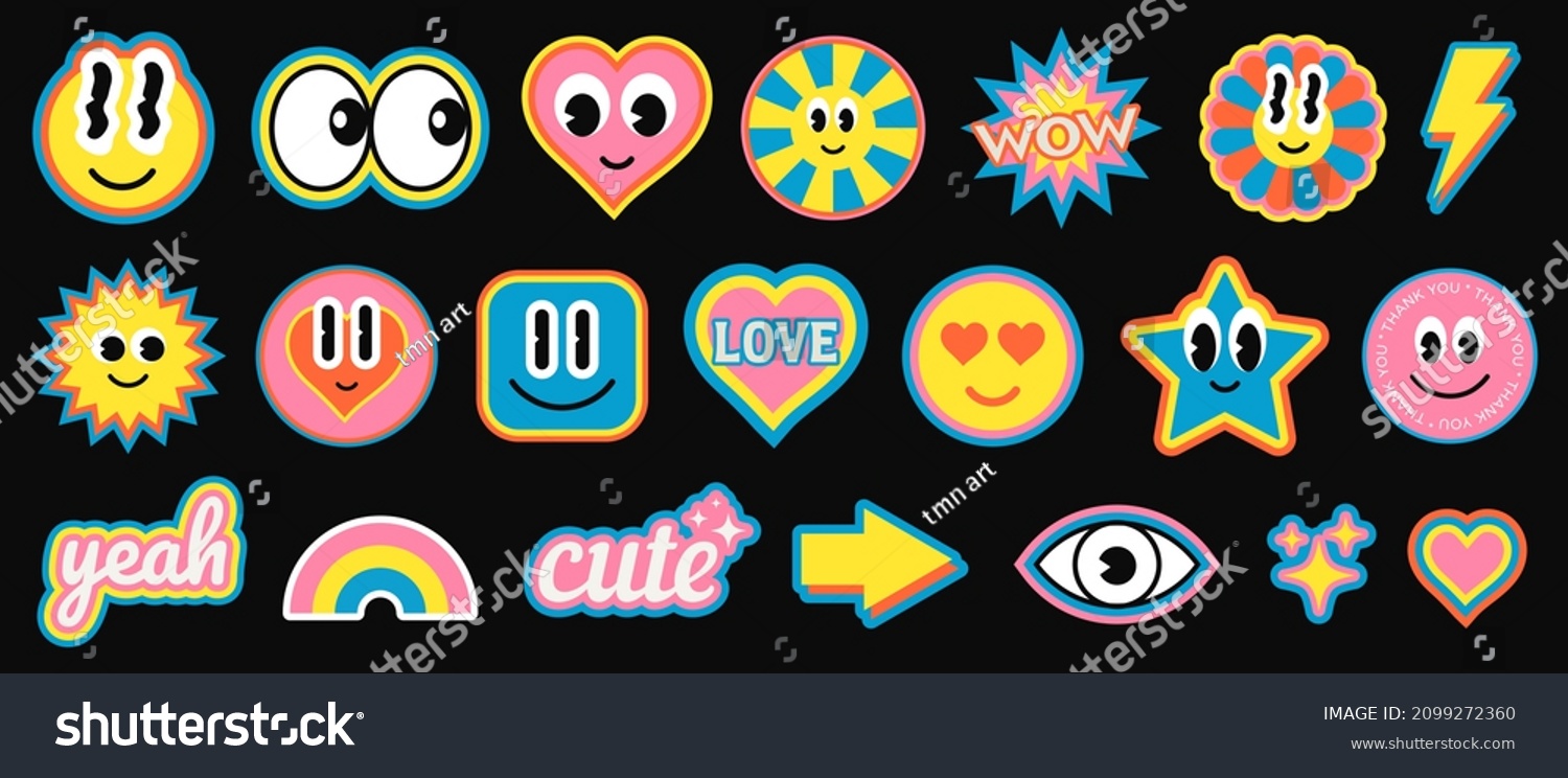 Cool Trendy Smile Stickers Set. Collection of Cute Cartoon Characters Vector Design. Colorful Retro Patches.