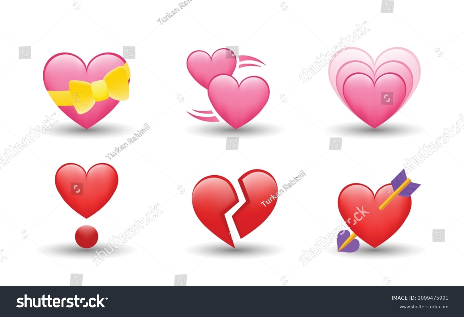 6 Emoticon isolated on White Background. Isolated Vector Illustration. Heart Color Set Icons vector illustrations. Set of Hearts in different colors and types