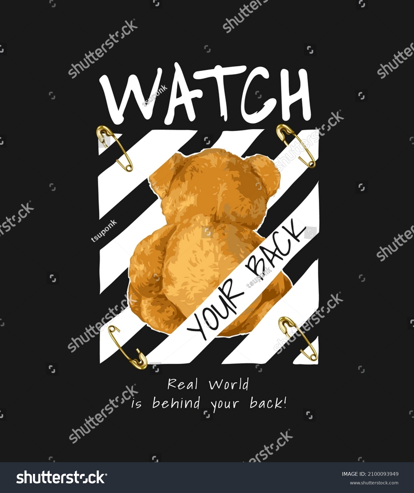 watch your back slogan with bear doll sitting back with secure pins vector illustration on black background