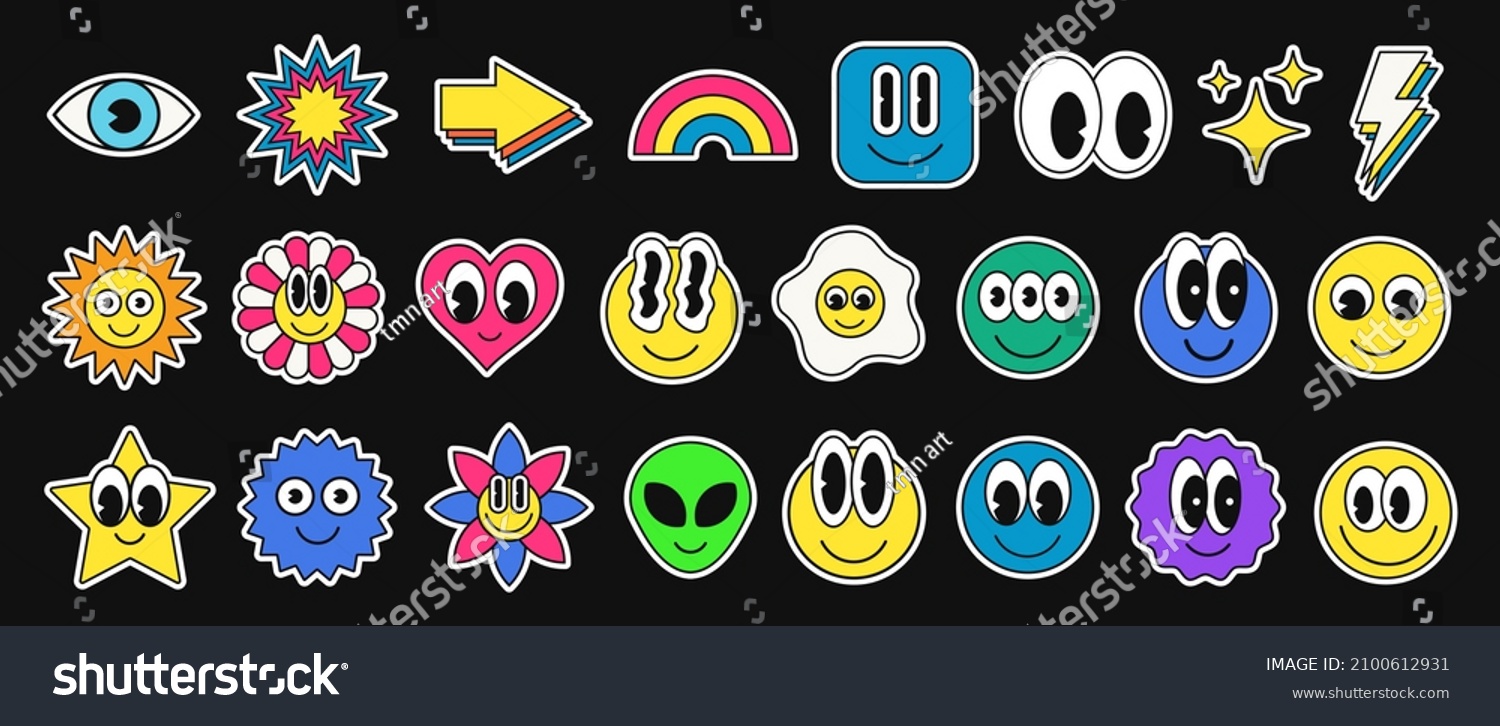 Cool Cartoon Smile Emoticon Character Stickers Collection. Set of Trendy Cute Funny Patches. Pop Art Elements.