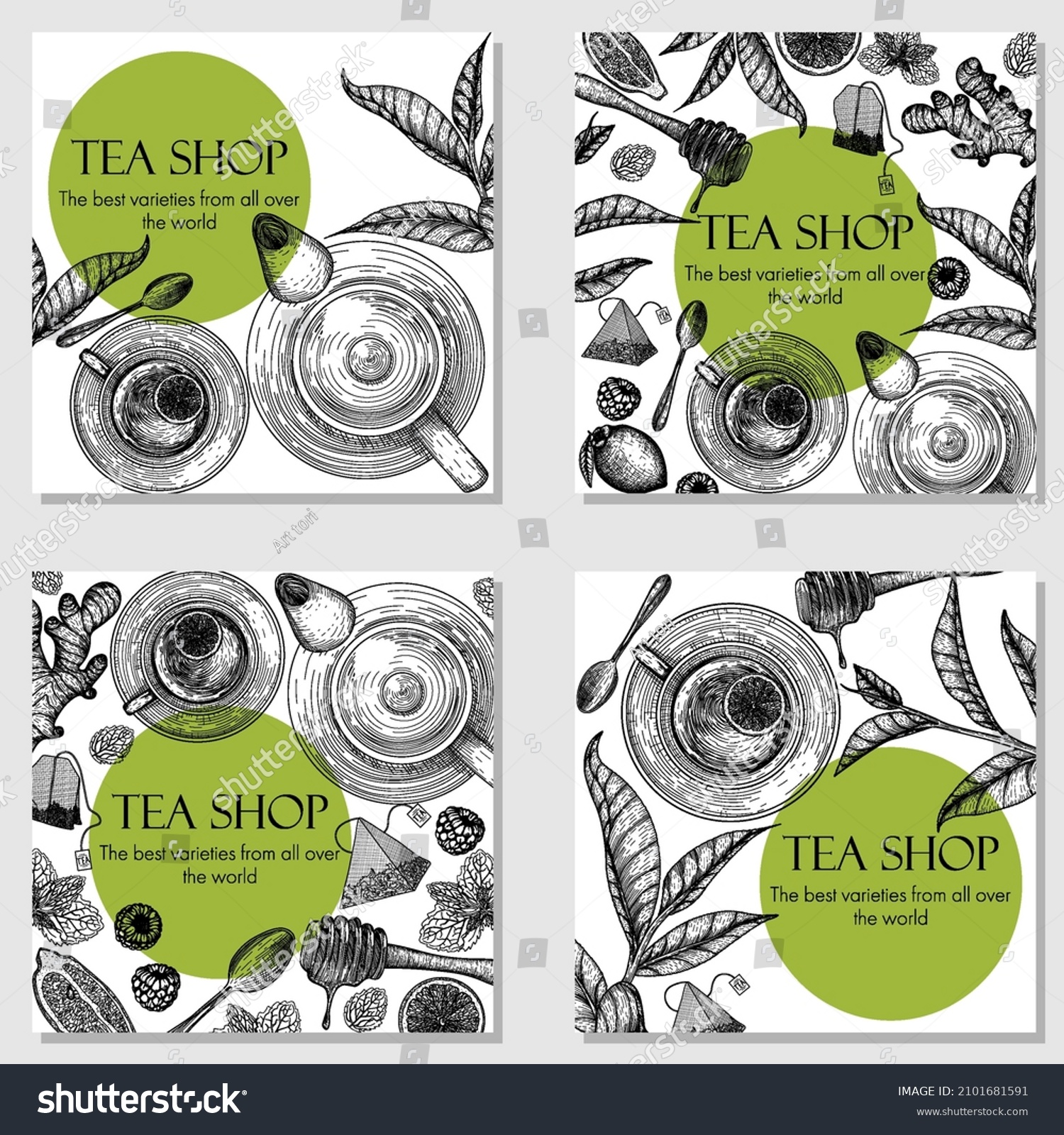 Four vector banners for the tea room. Graphic linear teapot  tea cup  spoon  tea bags  lemon  honey  mint  tea leaves  ginger  raspberry