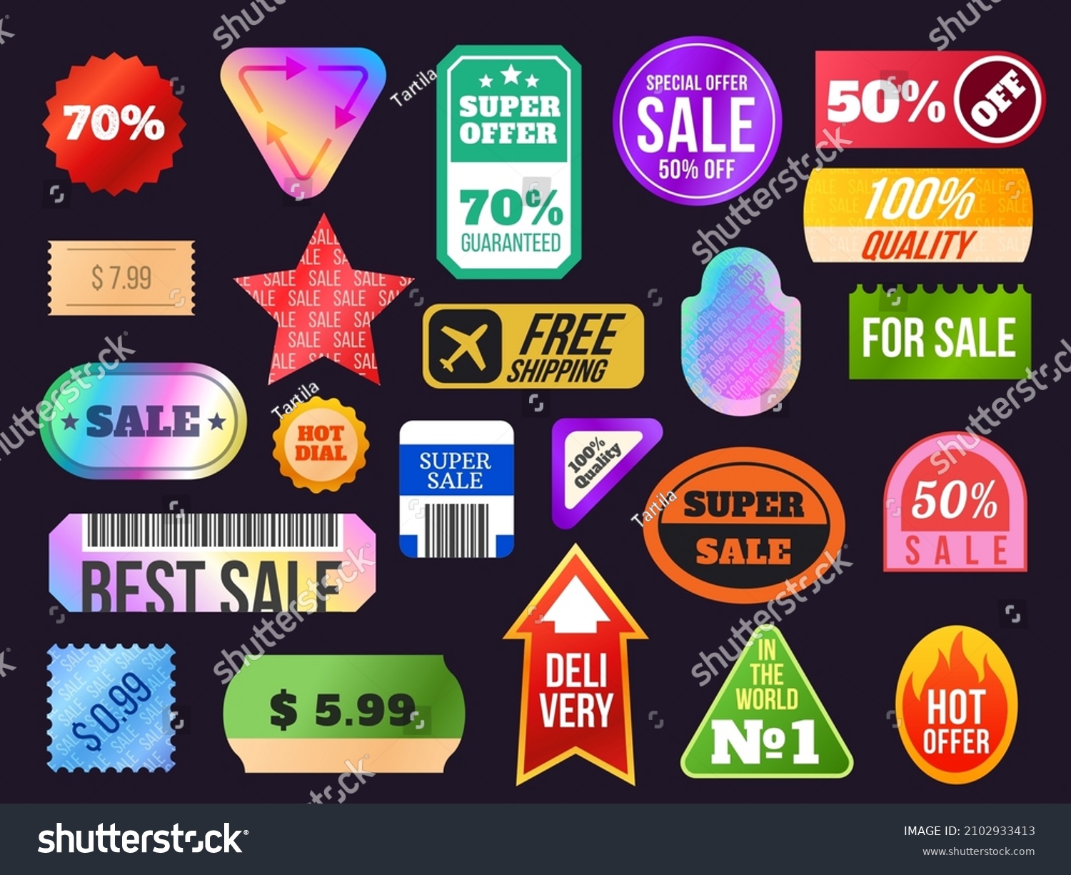 Trendy 90s holographic sticker sale labels and tags shapes. Retro discount  price and quality product shiny stickers with percent vector set. Illustration of labels or stickers 90s collection