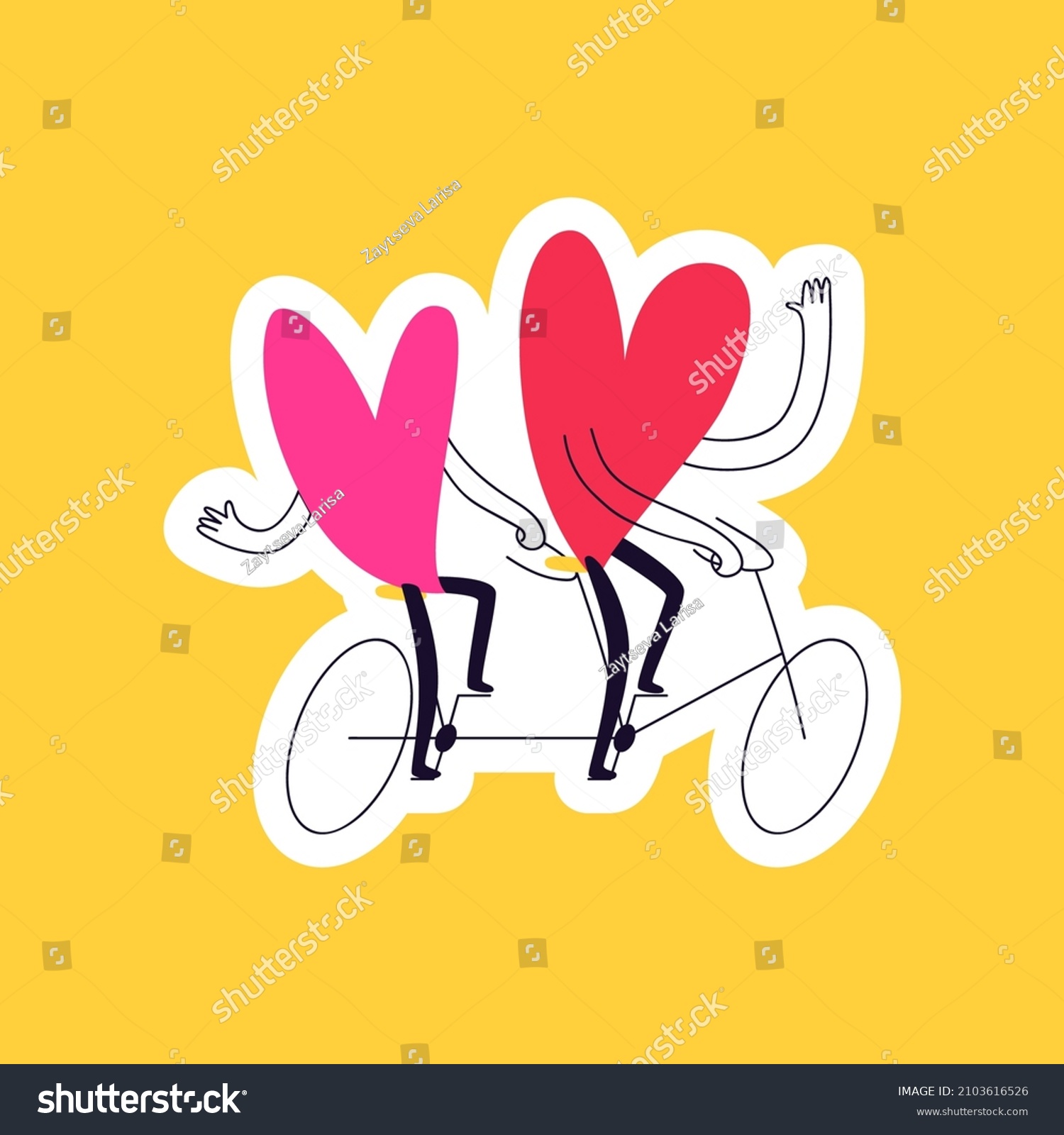 Drawn sticker doodle hearts on a double bike. A couple in love rides an abstract bicycle on a yellow background. Valentine's day sticker vector illustration.