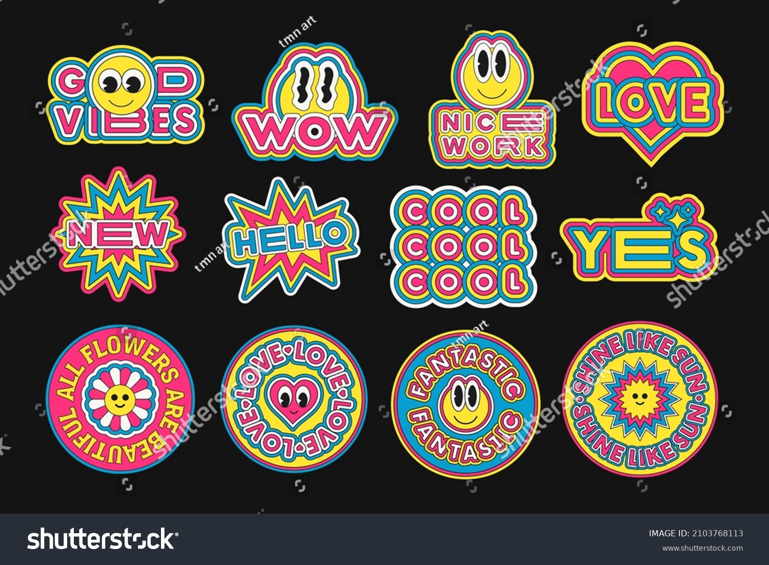 Set of Pop Art Stickers Vector Design. Cool Trendy Emoticon Smile Patches. Cute Badges.
