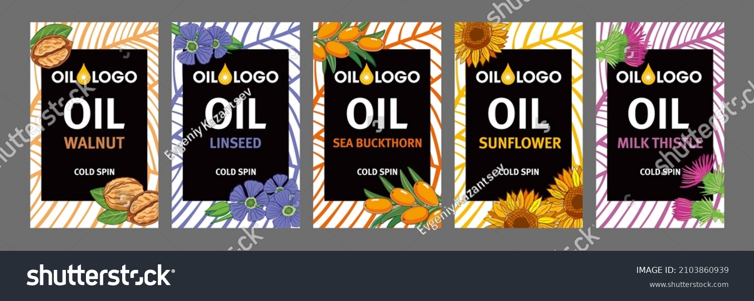 A set of bright packaging for natural oils. Walnut  flax  sea buckthorn  sunflower and milk thistle oil. 