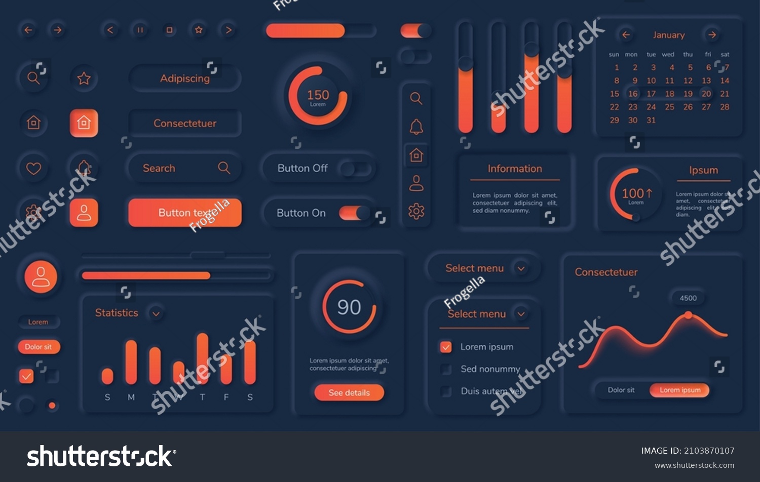 Dark neumorphic user interface elements with neon buttons and bars. Black neumorphism style dashboard design  mobile app ui kit vector set. Different charts  week statistics template