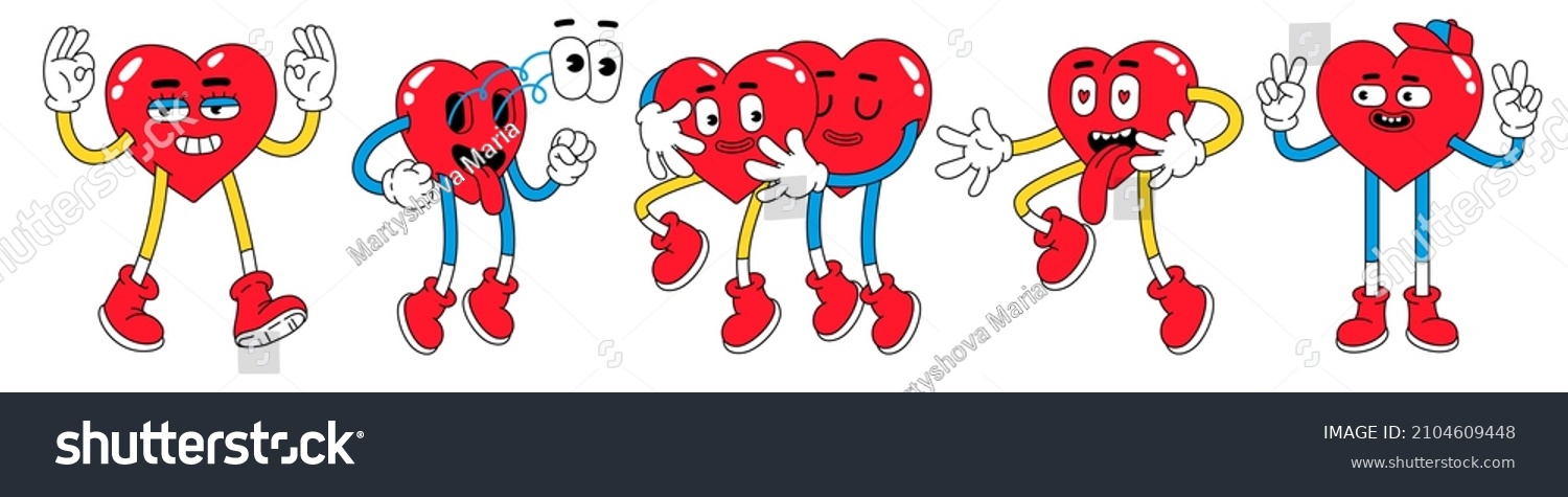 Hearts funny cartoon characters. Valentines day vector illustrations. Love concept. Set of comic stickers  patches  pins in trendy retro cartoon style.