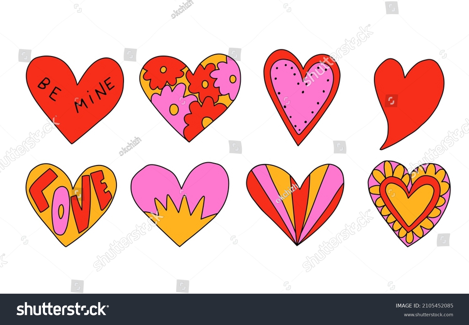 vector set of valentines in hippie style.Vintage heart shapes with flowers and lettering.Love message sticker.Vintage postcards in the style of the 60s and 70s.Retro tattoo templates.Kidcore style