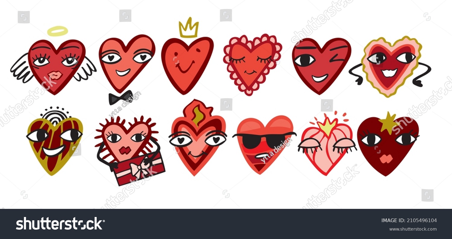 Set of decorative cute red hearts with eyes and lips. Collection of symbols for Valentine's Day with emotions for the decoration of cards  posters  stickers. Love sign. Cartoon vector illustration